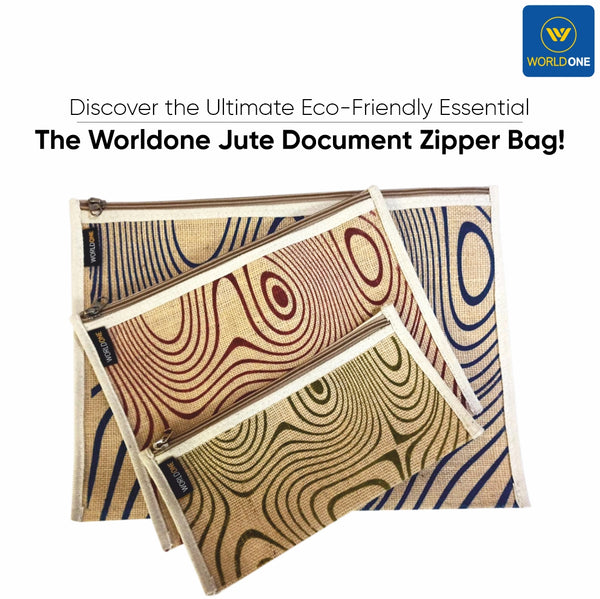 Worldone Eco Friendly Jute Document Zipper Bag with Cotton Edge Binding, Non-Rigid, One Big Pocket, Ideal for Use as Multiutility/Office Bag