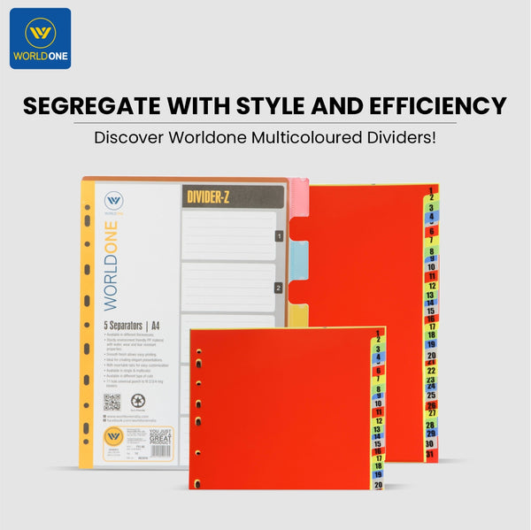 Worldone Multicoloured Divider with REFILLABLE Tabs, Easy Customisation, Tear Resistant PP Material, Smooth Finish, 11 Universal Punch, 5 Packs of A4 size-5 Separators, Ideal for Presentations