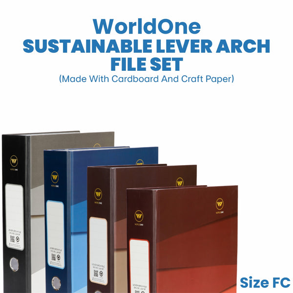 Worldone Paper Lever Arch File, 2.6mm Thick paper+paper hard board Sheet, 90g Heavy Duty Arch Clip, keeps the File Standing even with 500 pages, Wide Spine Label, Set of 4, Size FC, Assorted Color