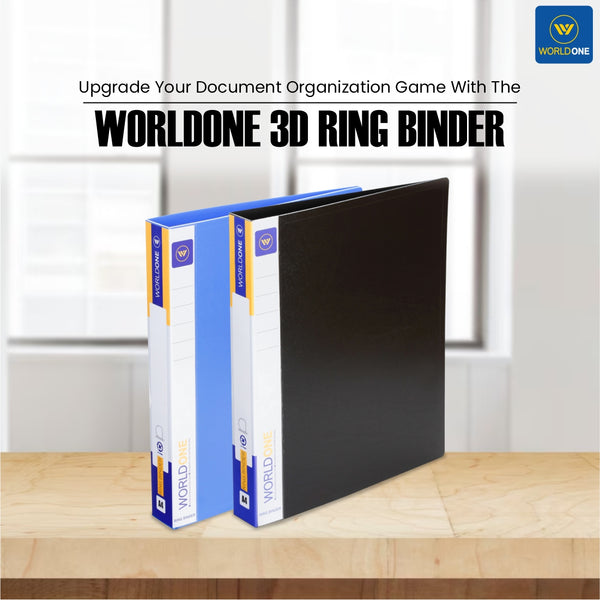 Worldone 3D Ring Binder 25 mm Chrome Plated Clip with 1.2mm Thick PP Sheet, Plastic Stopper, Spine Label for Classification, Pockets on inside Cover for Loose Sheets, Blue, Size A4