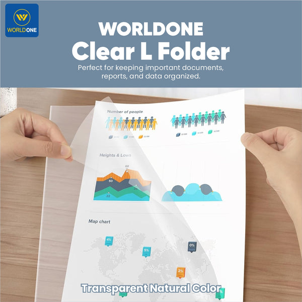 Worldone Clear L Folder, Made of fine Virgin 120 Micron, Ideal for Keeping documents & Data Organised, Color Transparent Natural White, Size A4, Pack of 20 Pieces