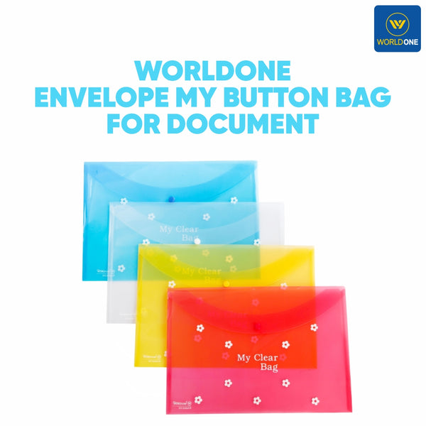 Worldone Envelope My Button Bag for Document with 0.2mm PP Sheet, Machine Fitted Snap Button with Back Fold Sealing for Extra Strength Size FC, Flower Print, Assorted Color