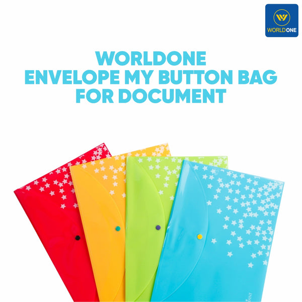 Worldone Envelope My Button Bag for Document with 0.2mm PP Sheet, Machine Fitted Snap Button with Back Fold Sealing for Extra Strength Size FC, Star Print