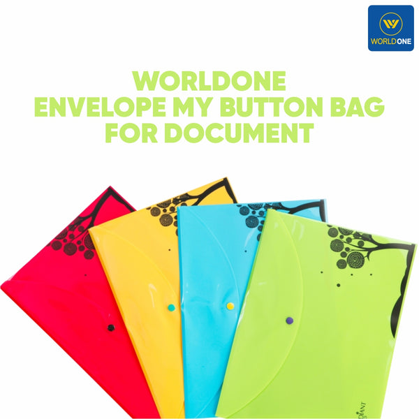 Worldone Envelope My Button Bag for Document with 0.2mm PP Sheet, Machine Fitted Snap Button with Back Fold Sealing for Extra Strength Size FC, Tree Print