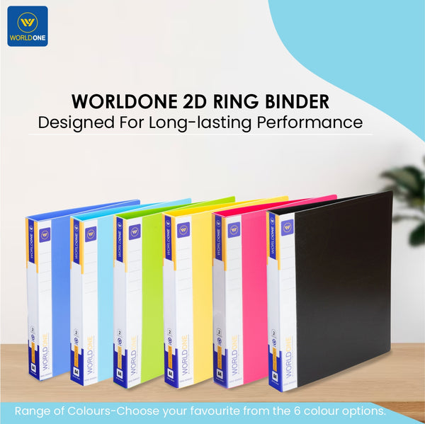 Worldone 2D Ring Binder 25 mm Chrome Plated Clip with 1.2mm Thick PP Board Sheet, Plastic Stopper, Spine Label for Classification, Pockets on Inside Cover