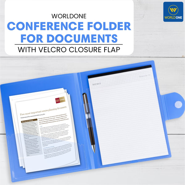 Worldone A4 Conference Folder | Velcro Closure, Pen Holder, Writing Pad Slot, and Inner Pocket for Loose Papers | Perfect for Reports and Presentations