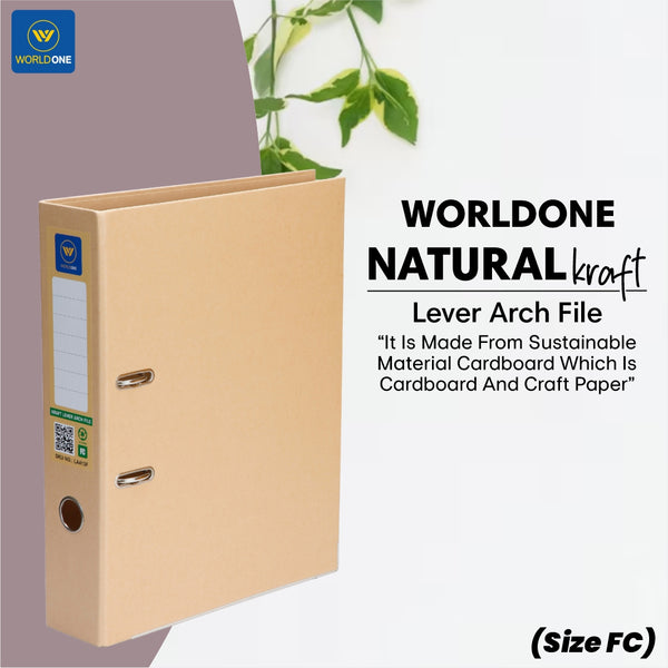 Worldone Natural Craft Lever Arch File for Document 2.6mm Thick Cardboard Sheet Keeps The File Standing 110g Heavy Duty Arch Clip, Wide Spine Label Edge for Corner Protection, Size FC