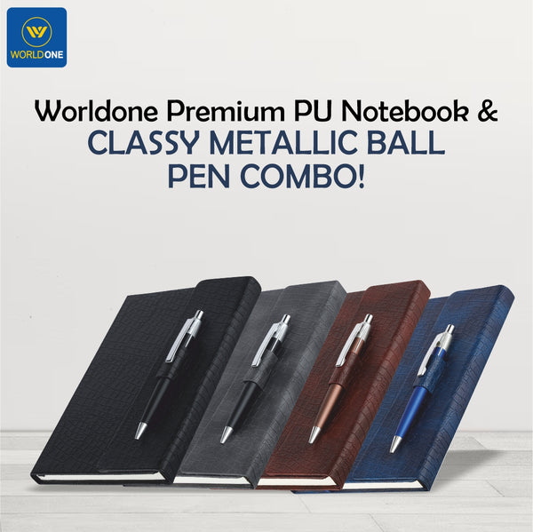 Worldone PU Premium Notebook & Classy Metallic Ball Pen in Pen Loop Closure, 80 gsm 224 Natural Shade page Split as 208 Ruled, 8 Graph & 8 Plain Pages, Ideal for Personal & Office use, Size A5, Ideal for Corporate gifting