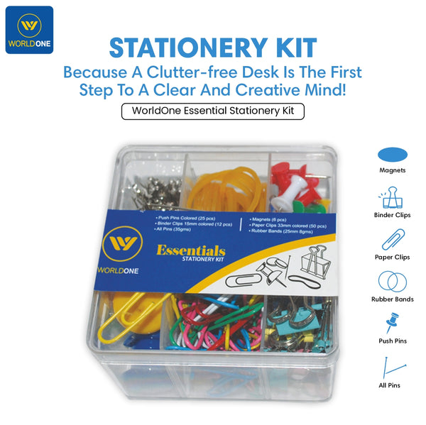 Worldone Essential Stationery Kit with 25 Pcs Colored Push Pins, 12 Binder Clip (15mm), 35gm Al Pins, 6 Pcs Magnets, 50 pcs 33mm Colored Paper Clips, 25mm Rubber Bands