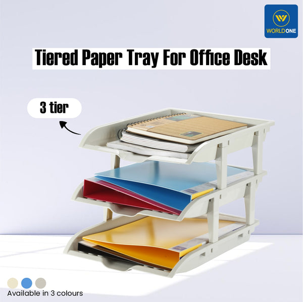 Worldone 3 Tier Paper Tray for office Desk Accessories Organizer, Durable & Sturdy, Color Blue, Set of 1