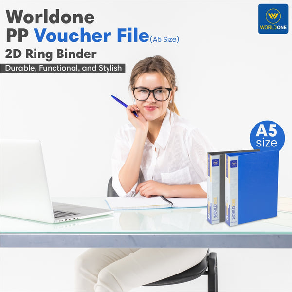 Worldone PP Voucher 2D Ring Binder File, 25mm Metallic Clip, with 1 mm Thick Virgin PP Sheet, Plastic Stopper, Spine Label for Classification, Extra Wide Binder, Size A5