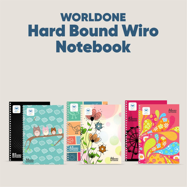 Worldone Hard Bound Wiro Notebook with 200 Eco friendly and Elemental Chlorine-Free, Single Ruled Pages, A5 Size, Assorted Designer Covers (As per availability), Pack of 3 Notebooks