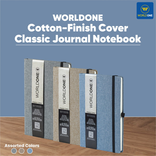 Worldone Cotton finish Cardboard Cover Classic Journal Notebook with 80 gsm 224 Natural Shade, Pages, 8 plain,8 Graph & ruled 208 Pages, Elastic Closure, Ideal for Corporate gifting, Color as Per the stock Availability (Blue, Brown & Grey)