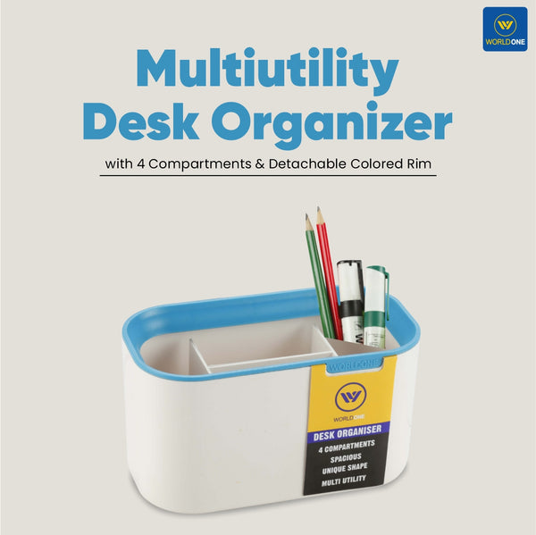 Worldone Multiutility Plastic 4 compartments Desk Organiser, with Detachable coloured rim, Spacious Unique Shape, Remote/ Markers/ Pen Pencil Holder, for Home & Office