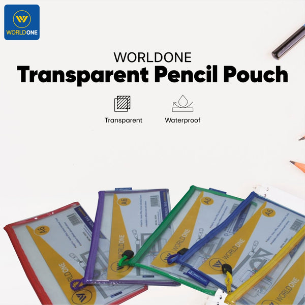 WORLDONE Transparent Pencil Pouch with Zipper, Water Resistant, Strong Stitching with Fabric on Edge for Durability, Ideal for BOARD and COMPETITIVE Exams, Assorted Colour, Size A6