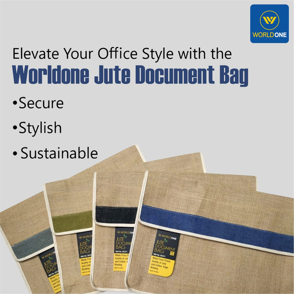 Worldone Jute Document Bag with Velcro Closure for Extra Security, Cotton Edge Binding, Ideal for Use as Office Bag, Size FC, Assorted Strip Color