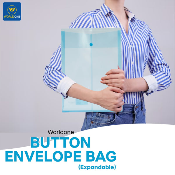 Worldone Button Envelope Bag for Document in 0.2mm Thick PP Sheet, Expandable Design for Extra Storage, High Strength Edge Sealing, Machine Fitted Snap Button, Size A4, Translucent White