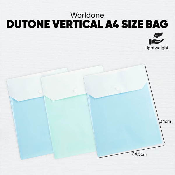 Worldone Dutone Vertical Bag for Document, 0.6 mm Thick PP Sheet, Machine Fitted Snap Button, Dual Tone Design, Size A4, Pack of 12, Translucent, Colour Assorted