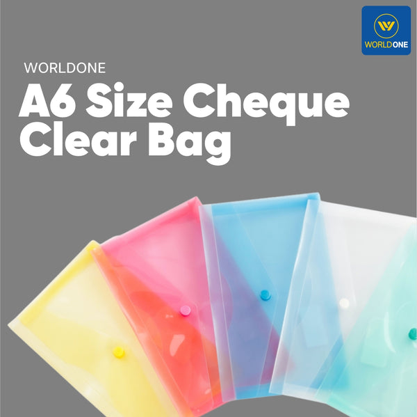 Worldone A6 Size Cheque Translucent Bag, made in 0.2 mm Thick PP Sheet, Expandable Design for Extra Storage, Edge Sealing, Machine Fitted Snap Button, Assorted Color, Pack of 12