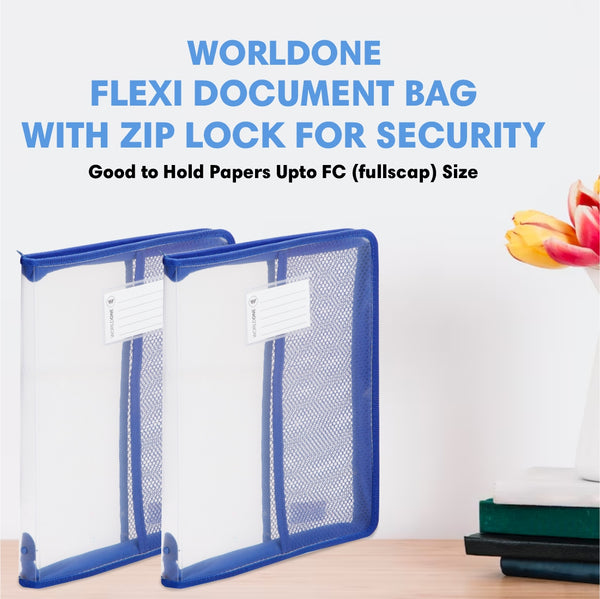 Worldone Flexi Document Bag with Zip Lock for Security, Name Card Pocket, Cross line pp for Durability Cloth Edge Binding, Strong Half Net Pocket for Loose Documents, Transparent Blue, Pack of 2