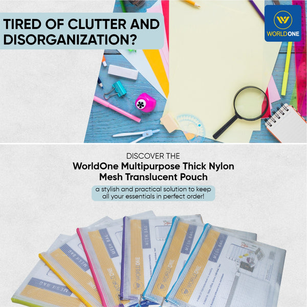 WORLDONE Multipurpose Thick Nylon Mesh TRANSLUCENT Pouch, Strong Stitching on Edges, Ideal Stationery pouch, Assorted Colour Zipper, Pack of 6 Pieces