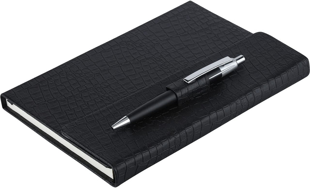 Worldone PU Premium Notebook & Classy Metallic Ball Pen in Pen Loop Closure, 80 gsm 224 Natural Shade page Split as 208 Ruled, 8 Graph & 8 Plain Pages, Ideal for Personal & Office use, Size A5, Ideal for Corporate gifting