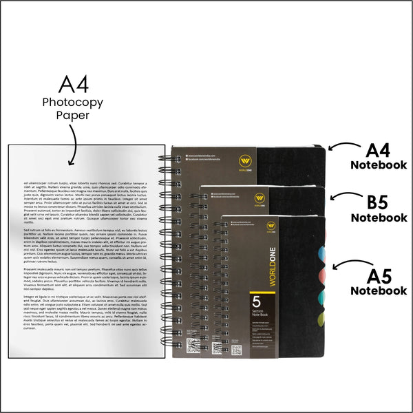 Worldone Black Colour, 5 Section Wiro Notebook with 70 gsm, 300 Single Ruled-Hi Bright Pages, Year Planner & Contacts Sheet & 3 Year Calender with 4 Multicolour Separators, Notebooks, Ideal for School, College and Office, Ideal for Corporate gifting