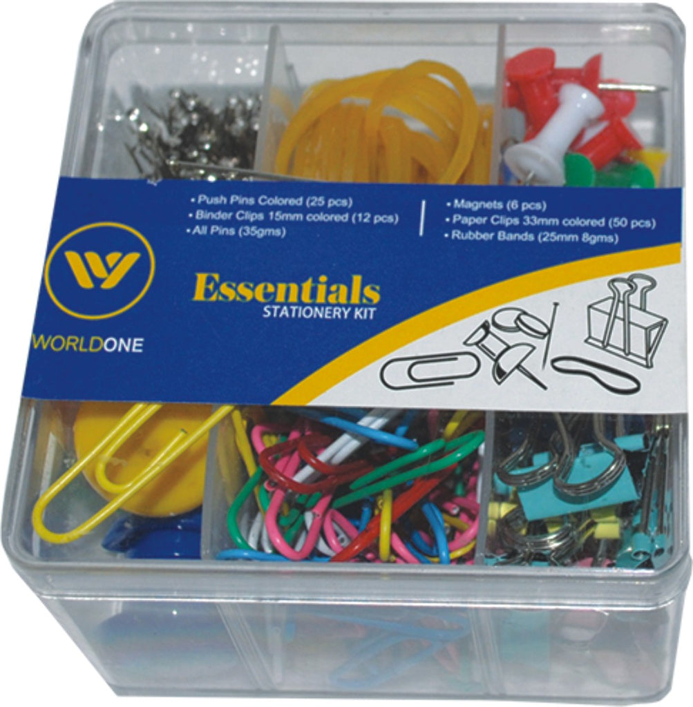 Worldone Essential Stationery Kit with 25 Pcs Colored Push Pins, 12 Binder Clip (15mm), 35gm Al Pins, 6 Pcs Magnets, 50 pcs 33mm Colored Paper Clips, 25mm Rubber Bands