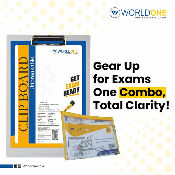 Worldone Combo Set FC size Transparent Exam Board with A6 Size Transparent Pencil Pouch