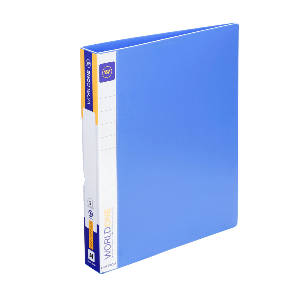 Worldone 3D Ring Binder 25 mm Chrome Plated Clip with 1.2mm Thick PP Sheet, Plastic Stopper, Spine Label for Classification, Pockets on inside Cover for Loose Sheets, Blue, Size A4