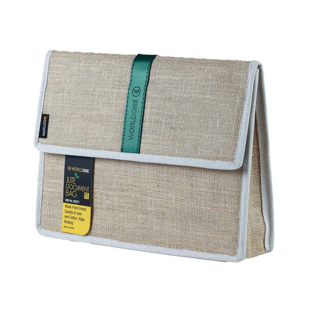 Worldone Eco Friendly Handcrafted Spacious, firm Jute Document Bag with Secure Velcro Closure, Cotton Edge Binding, Smooth finish, Size A4