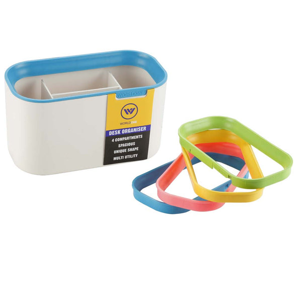 Worldone Multiutility Plastic 4 compartments Desk Organiser, with Detachable coloured rim, Spacious Unique Shape, Remote/ Markers/ Pen Pencil Holder, for Home & Office